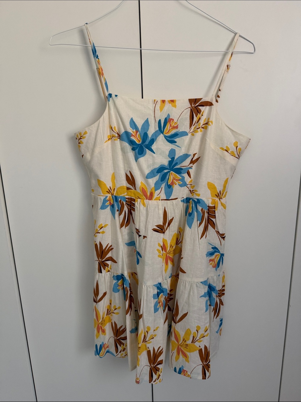 Floral cotton linen blend Sundress - Blue, Yellow & Brown on Cream